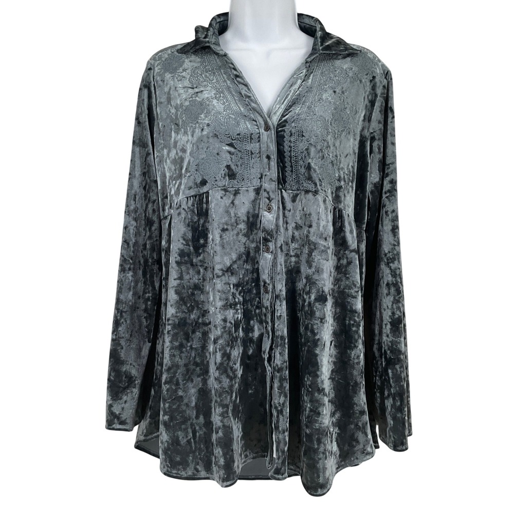 Andree Button Front Top Womens Sz S Blue Gray‎ Velvet Embroidered Boho Babydoll